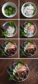 How to assemble a bowl of Vietnamese grilled pork with noodles (bun thit nuong) | HungryHuy.com